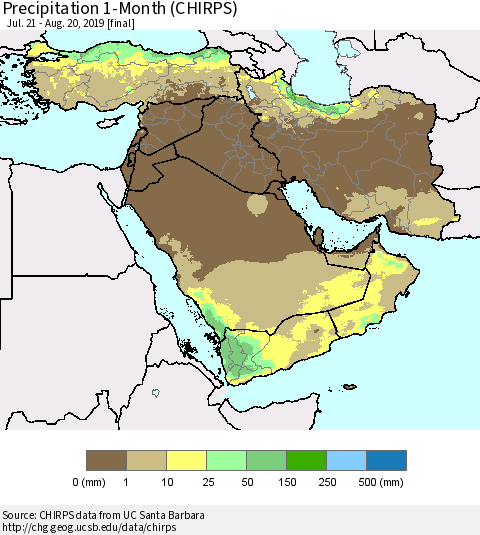 Middle East and Turkey Precipitation 1-Month (CHIRPS) Thematic Map For 7/21/2019 - 8/20/2019