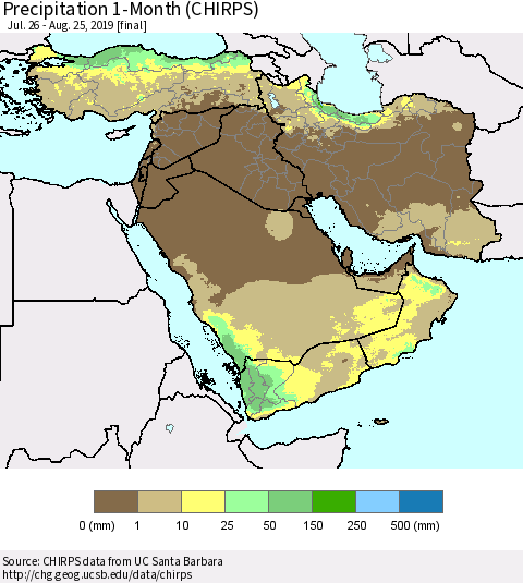 Middle East and Turkey Precipitation 1-Month (CHIRPS) Thematic Map For 7/26/2019 - 8/25/2019