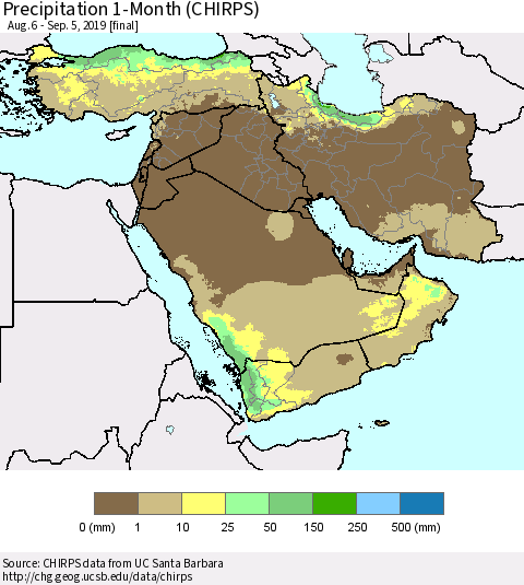 Middle East and Turkey Precipitation 1-Month (CHIRPS) Thematic Map For 8/6/2019 - 9/5/2019