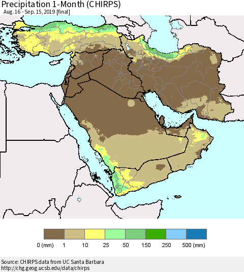 Middle East and Turkey Precipitation 1-Month (CHIRPS) Thematic Map For 8/16/2019 - 9/15/2019