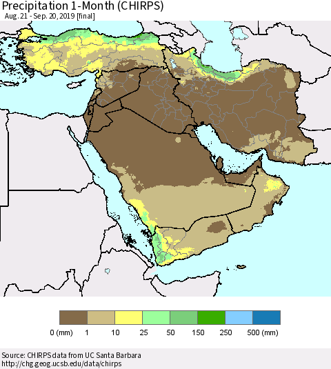 Middle East and Turkey Precipitation 1-Month (CHIRPS) Thematic Map For 8/21/2019 - 9/20/2019