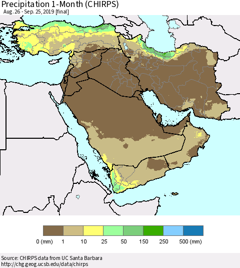 Middle East and Turkey Precipitation 1-Month (CHIRPS) Thematic Map For 8/26/2019 - 9/25/2019
