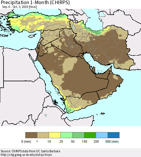 Middle East and Turkey Precipitation 1-Month (CHIRPS) Thematic Map For 9/6/2019 - 10/5/2019