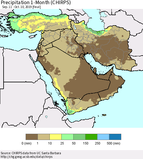Middle East and Turkey Precipitation 1-Month (CHIRPS) Thematic Map For 9/11/2019 - 10/10/2019