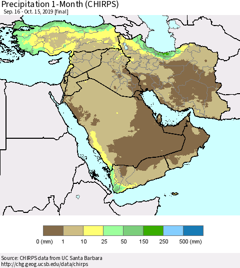 Middle East and Turkey Precipitation 1-Month (CHIRPS) Thematic Map For 9/16/2019 - 10/15/2019