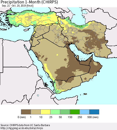 Middle East and Turkey Precipitation 1-Month (CHIRPS) Thematic Map For 9/21/2019 - 10/20/2019