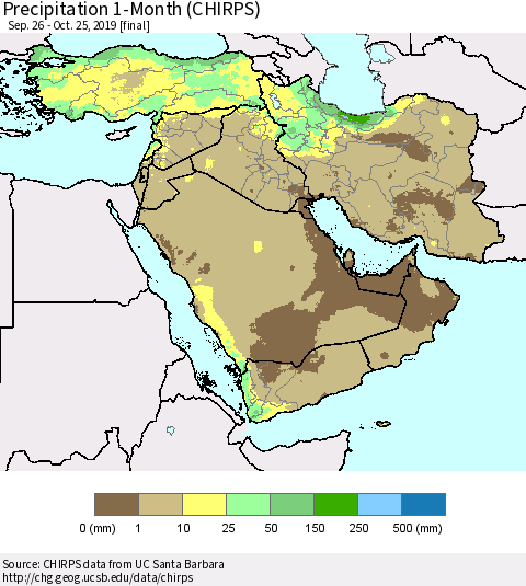 Middle East and Turkey Precipitation 1-Month (CHIRPS) Thematic Map For 9/26/2019 - 10/25/2019
