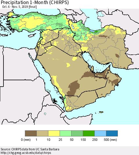 Middle East and Turkey Precipitation 1-Month (CHIRPS) Thematic Map For 10/6/2019 - 11/5/2019