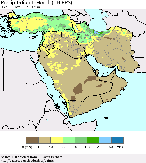Middle East and Turkey Precipitation 1-Month (CHIRPS) Thematic Map For 10/11/2019 - 11/10/2019