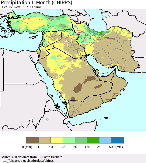 Middle East and Turkey Precipitation 1-Month (CHIRPS) Thematic Map For 10/16/2019 - 11/15/2019