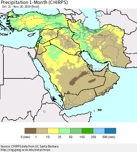 Middle East and Turkey Precipitation 1-Month (CHIRPS) Thematic Map For 10/21/2019 - 11/20/2019