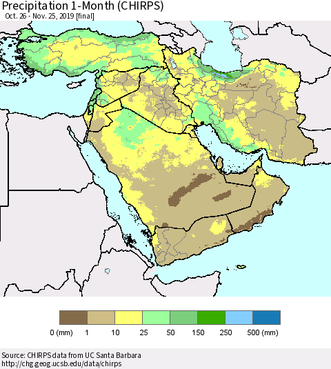Middle East and Turkey Precipitation 1-Month (CHIRPS) Thematic Map For 10/26/2019 - 11/25/2019