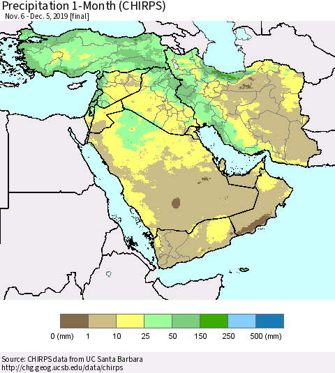 Middle East and Turkey Precipitation 1-Month (CHIRPS) Thematic Map For 11/6/2019 - 12/5/2019