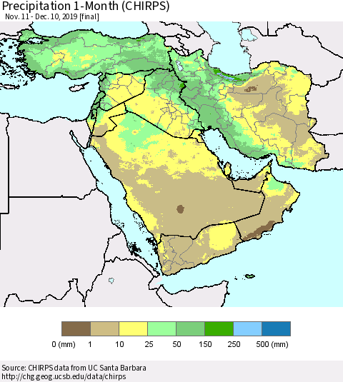 Middle East and Turkey Precipitation 1-Month (CHIRPS) Thematic Map For 11/11/2019 - 12/10/2019