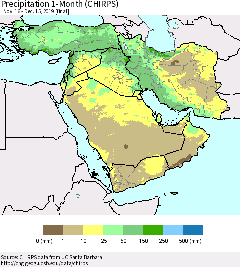 Middle East and Turkey Precipitation 1-Month (CHIRPS) Thematic Map For 11/16/2019 - 12/15/2019