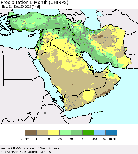 Middle East and Turkey Precipitation 1-Month (CHIRPS) Thematic Map For 11/21/2019 - 12/20/2019