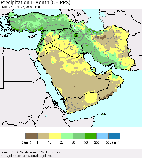 Middle East and Turkey Precipitation 1-Month (CHIRPS) Thematic Map For 11/26/2019 - 12/25/2019