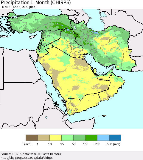 Middle East and Turkey Precipitation 1-Month (CHIRPS) Thematic Map For 3/6/2020 - 4/5/2020