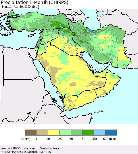 Middle East and Turkey Precipitation 1-Month (CHIRPS) Thematic Map For 3/11/2020 - 4/10/2020