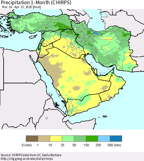 Middle East and Turkey Precipitation 1-Month (CHIRPS) Thematic Map For 3/16/2020 - 4/15/2020