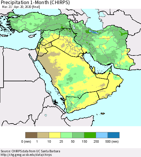 Middle East and Turkey Precipitation 1-Month (CHIRPS) Thematic Map For 3/21/2020 - 4/20/2020