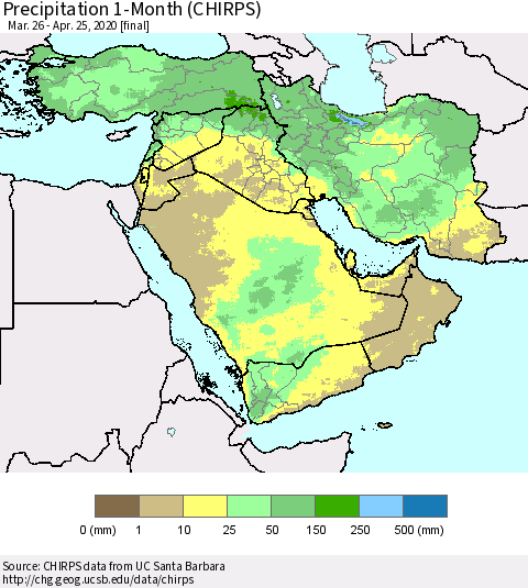Middle East and Turkey Precipitation 1-Month (CHIRPS) Thematic Map For 3/26/2020 - 4/25/2020