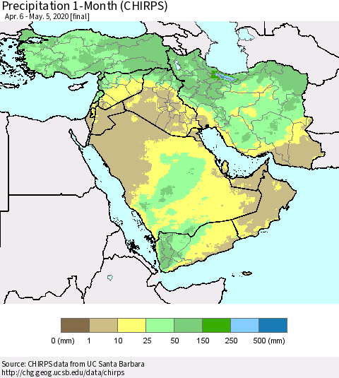 Middle East and Turkey Precipitation 1-Month (CHIRPS) Thematic Map For 4/6/2020 - 5/5/2020