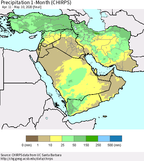 Middle East and Turkey Precipitation 1-Month (CHIRPS) Thematic Map For 4/11/2020 - 5/10/2020