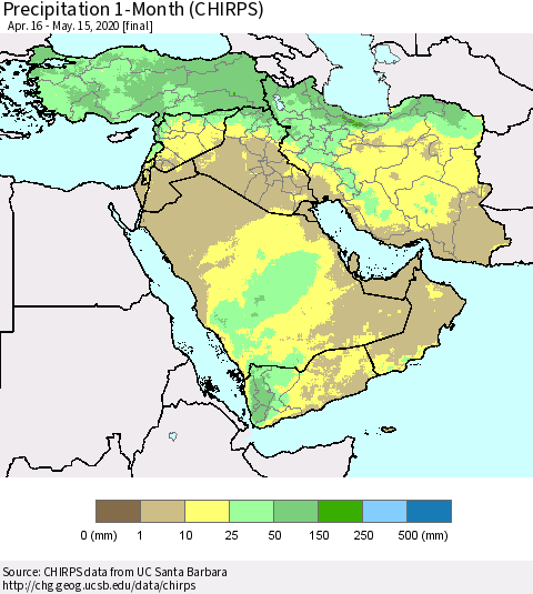 Middle East and Turkey Precipitation 1-Month (CHIRPS) Thematic Map For 4/16/2020 - 5/15/2020
