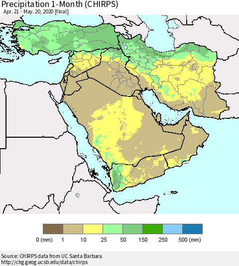 Middle East and Turkey Precipitation 1-Month (CHIRPS) Thematic Map For 4/21/2020 - 5/20/2020