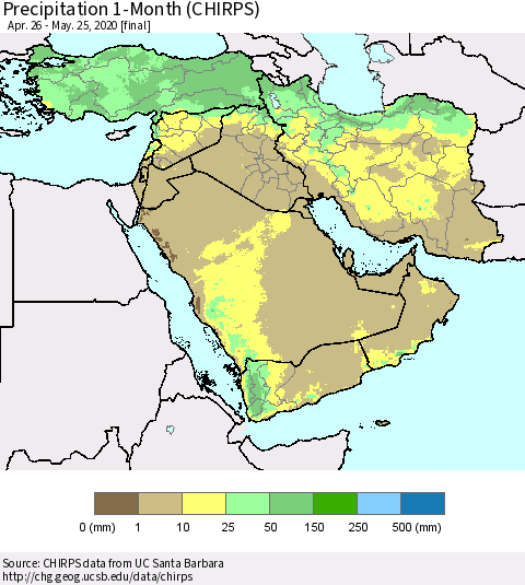 Middle East and Turkey Precipitation 1-Month (CHIRPS) Thematic Map For 4/26/2020 - 5/25/2020