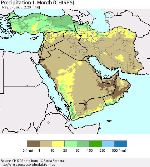 Middle East and Turkey Precipitation 1-Month (CHIRPS) Thematic Map For 5/6/2020 - 6/5/2020