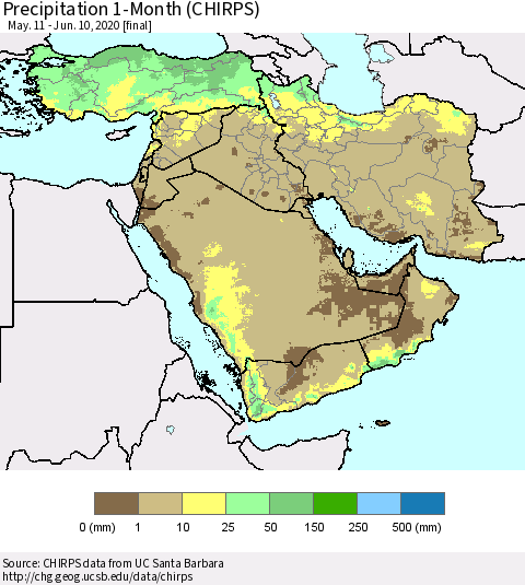 Middle East and Turkey Precipitation 1-Month (CHIRPS) Thematic Map For 5/11/2020 - 6/10/2020