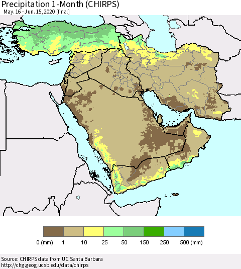 Middle East and Turkey Precipitation 1-Month (CHIRPS) Thematic Map For 5/16/2020 - 6/15/2020