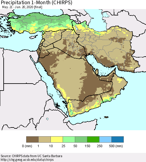 Middle East and Turkey Precipitation 1-Month (CHIRPS) Thematic Map For 5/21/2020 - 6/20/2020