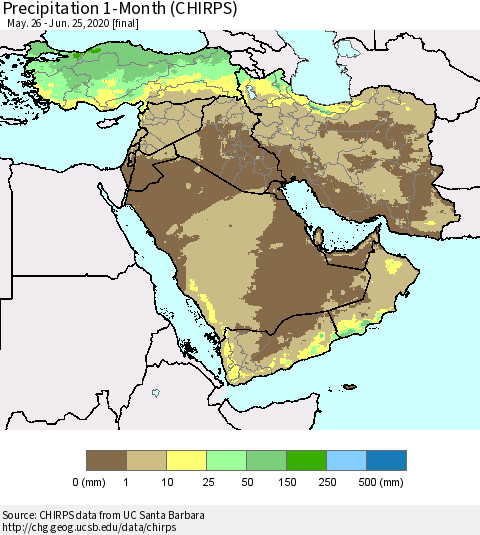 Middle East and Turkey Precipitation 1-Month (CHIRPS) Thematic Map For 5/26/2020 - 6/25/2020