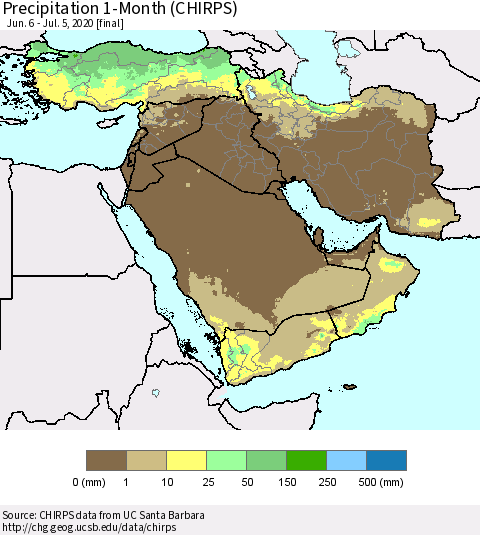 Middle East and Turkey Precipitation 1-Month (CHIRPS) Thematic Map For 6/6/2020 - 7/5/2020
