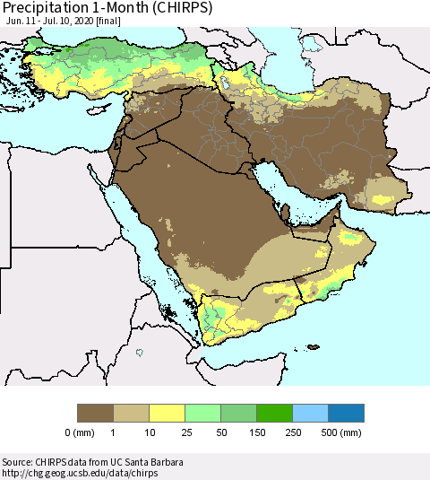 Middle East and Turkey Precipitation 1-Month (CHIRPS) Thematic Map For 6/11/2020 - 7/10/2020