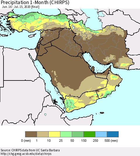 Middle East and Turkey Precipitation 1-Month (CHIRPS) Thematic Map For 6/16/2020 - 7/15/2020