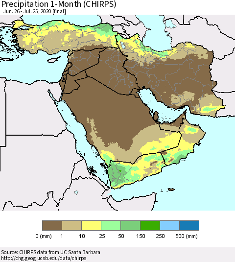 Middle East and Turkey Precipitation 1-Month (CHIRPS) Thematic Map For 6/26/2020 - 7/25/2020