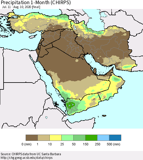 Middle East and Turkey Precipitation 1-Month (CHIRPS) Thematic Map For 7/11/2020 - 8/10/2020