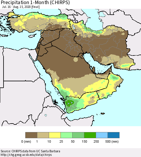 Middle East and Turkey Precipitation 1-Month (CHIRPS) Thematic Map For 7/16/2020 - 8/15/2020