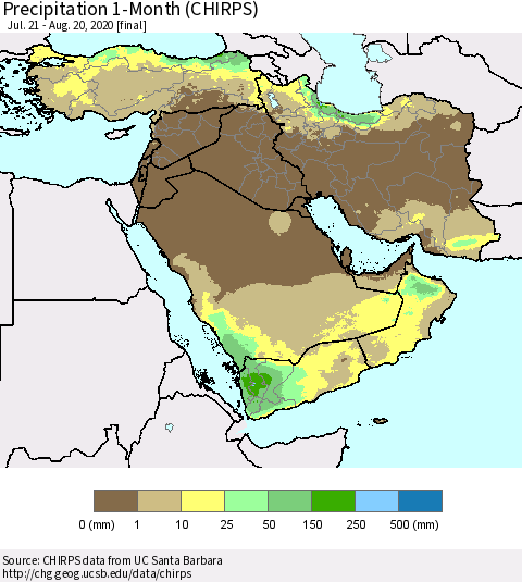 Middle East and Turkey Precipitation 1-Month (CHIRPS) Thematic Map For 7/21/2020 - 8/20/2020