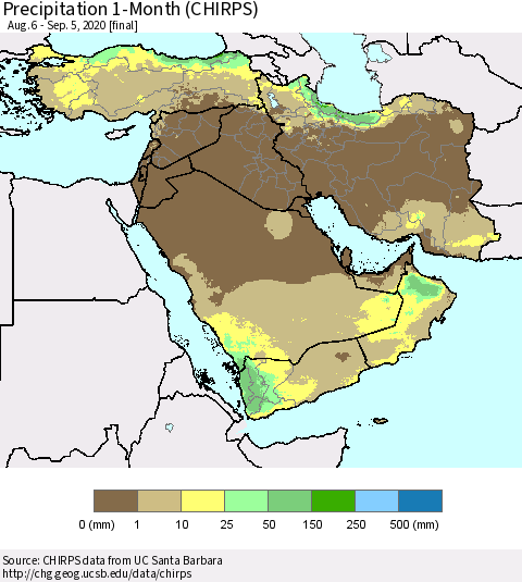 Middle East and Turkey Precipitation 1-Month (CHIRPS) Thematic Map For 8/6/2020 - 9/5/2020