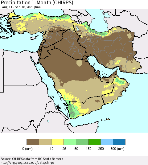 Middle East and Turkey Precipitation 1-Month (CHIRPS) Thematic Map For 8/11/2020 - 9/10/2020