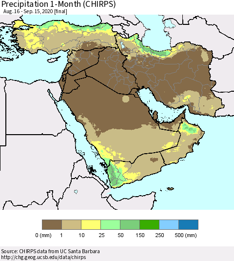 Middle East and Turkey Precipitation 1-Month (CHIRPS) Thematic Map For 8/16/2020 - 9/15/2020