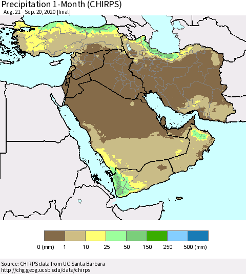 Middle East and Turkey Precipitation 1-Month (CHIRPS) Thematic Map For 8/21/2020 - 9/20/2020