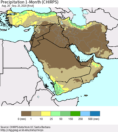 Middle East and Turkey Precipitation 1-Month (CHIRPS) Thematic Map For 8/26/2020 - 9/25/2020