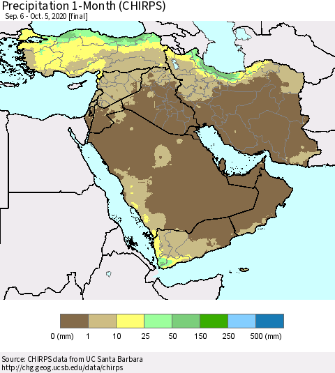 Middle East and Turkey Precipitation 1-Month (CHIRPS) Thematic Map For 9/6/2020 - 10/5/2020