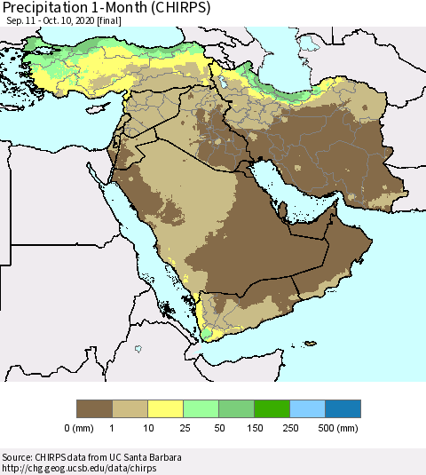 Middle East and Turkey Precipitation 1-Month (CHIRPS) Thematic Map For 9/11/2020 - 10/10/2020